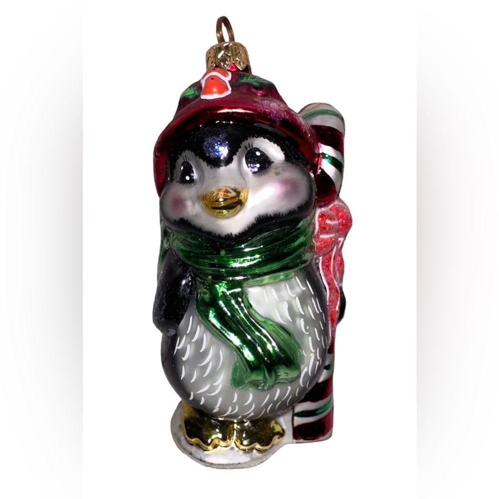 Christopher Radko Glass Peppermint Penny Penguin Candy‎ Cane Christmas Ornament